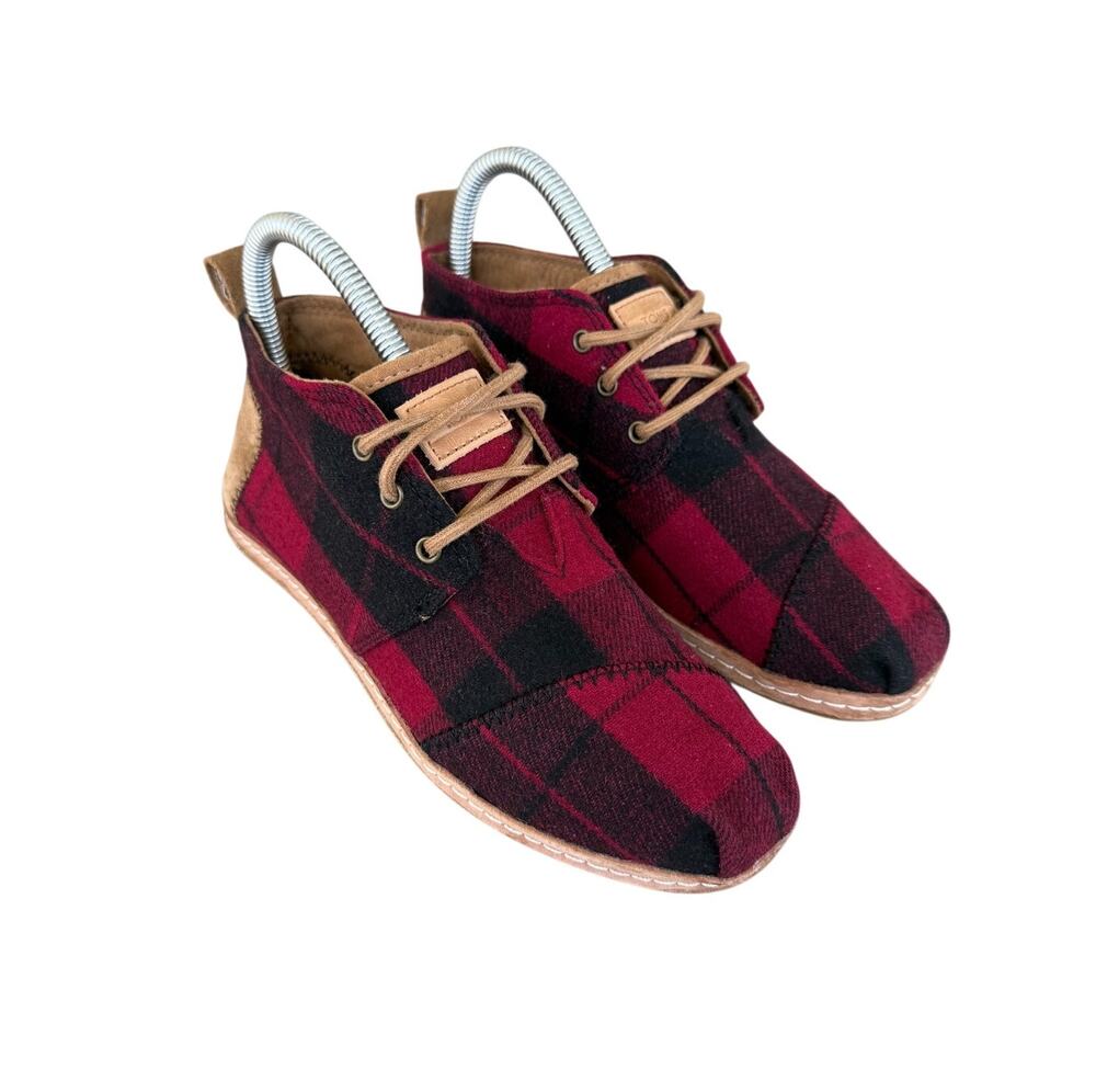 Women's TOMS Botas Red Plaid Wool Blend Lace-Up Shoes Sz 6